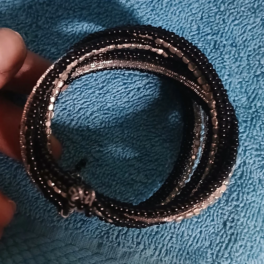 Black and Silver Beaded Bracelet Cuff